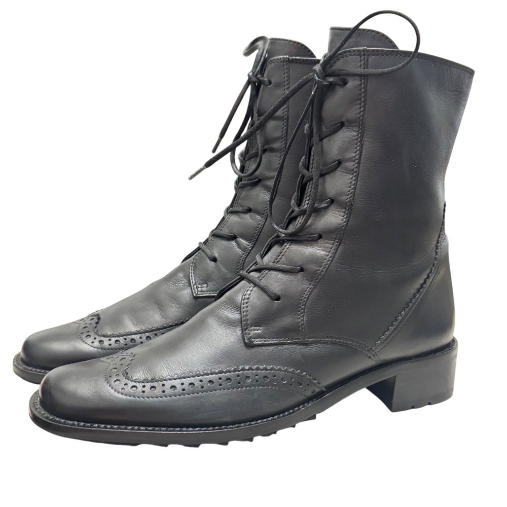 Paul Green Lace Up Combat Boots Women 7‎ US Black Leather Wingtip